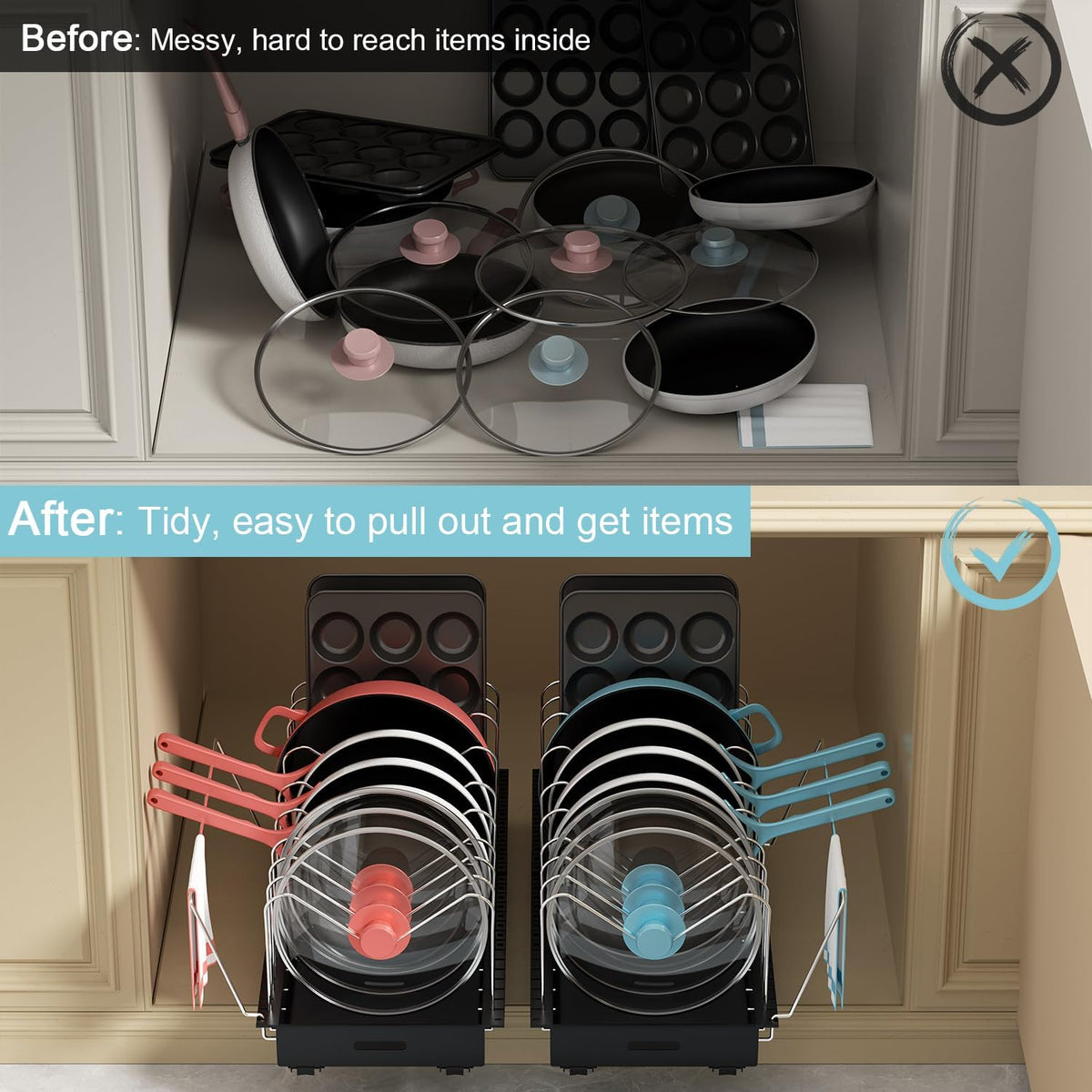 Pots and Pans Organizer Under Cabinet - 22" Deep Expandable | Pot Organizers inside Cabinet with 10 Adjustable Dividers & Handrail, No Drill Pot Lid Holder, Sliding Pot Lid Holder, 1 Pack - Field & Nook