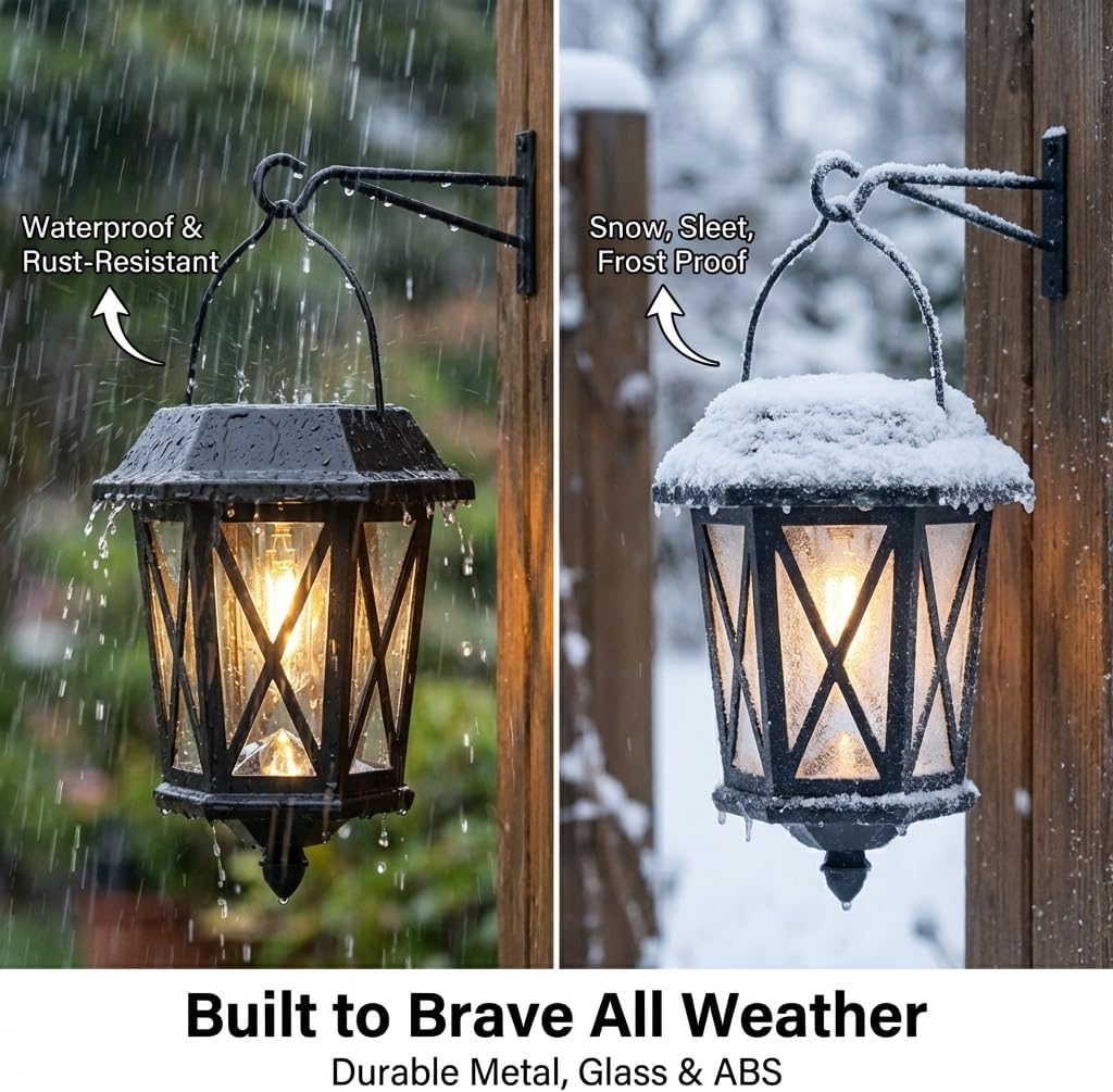 Solar Hanging Wall Lanterns – 2 Pack, LED, Glass Shade, Black