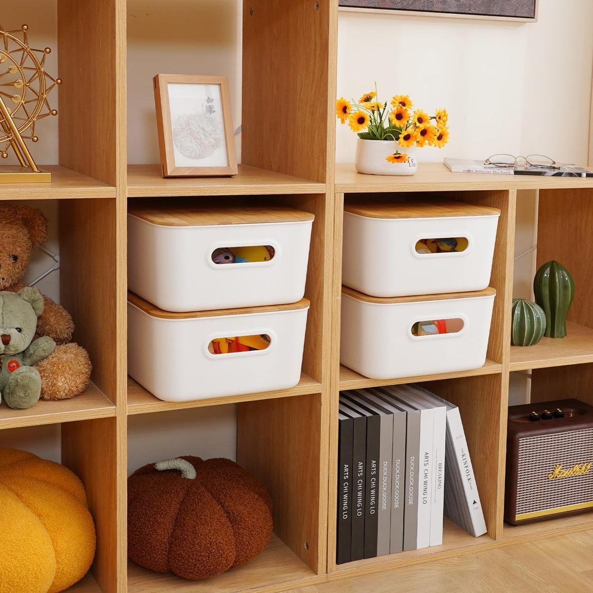 Citylife Storage Bins with Bamboo Lids 16QT Plastic Storage Containers Stackable Organizer Boxes with Handle for Desk Snacks, Toys, 2 PCS, 15" L x 10.6" W x5.8 H - Field & Nook