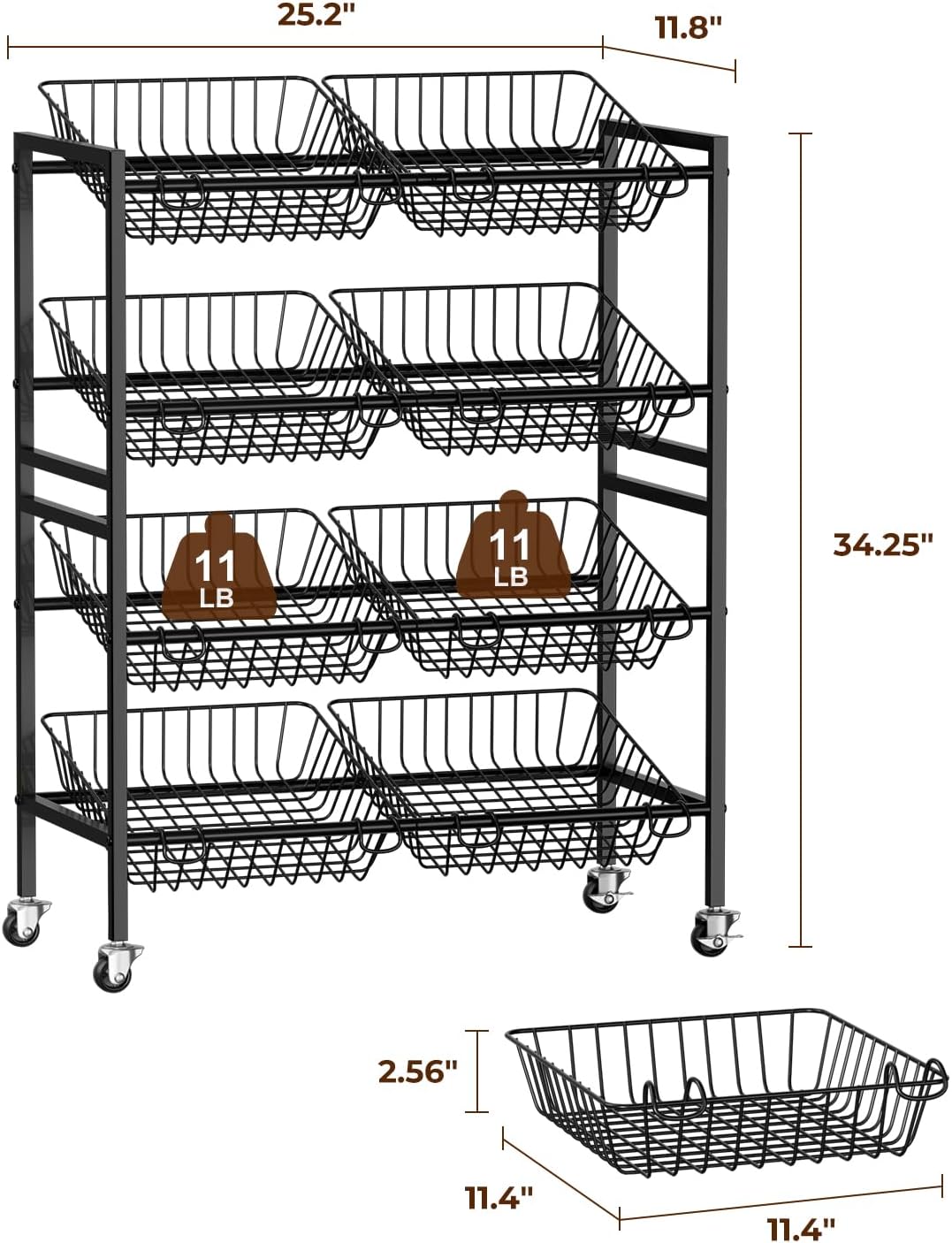 Evermagin 25.2" W Kitchen Storage Cart, 4-Tier Snack Cart with Wheels | Metal Fruit Basket Vegetable Stand, Pantry Storage Organizer with 8 Removable Baskets for Onion Potato, Black