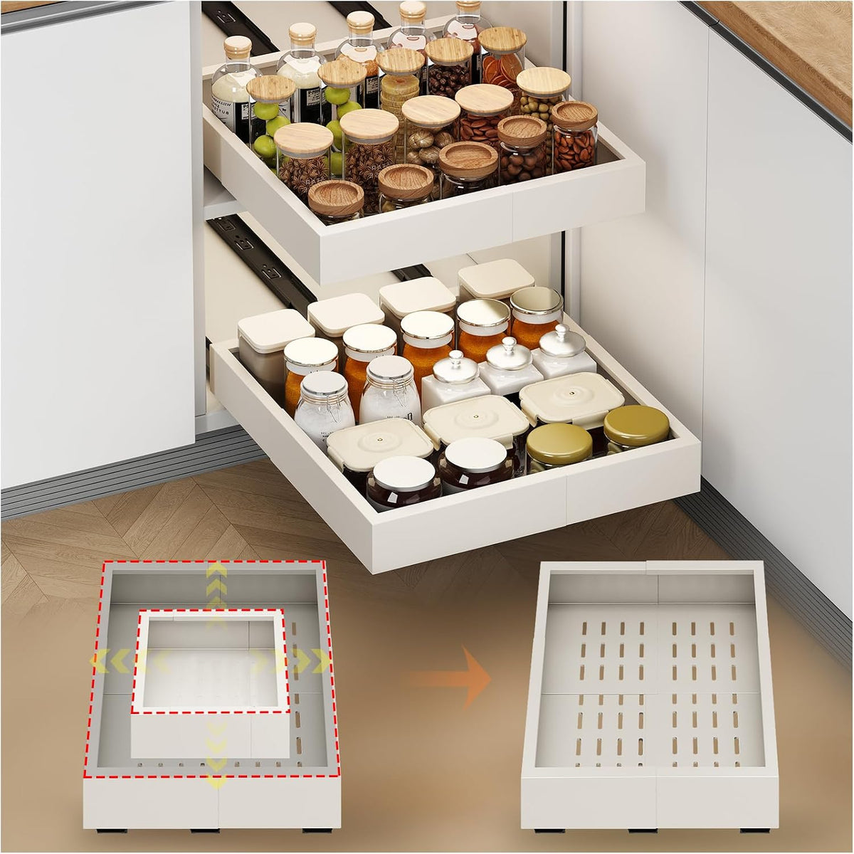 Fokyfok 2Pc Pull out Cabinet Organizer,11"-16"W,17"-24"D,Expandable | No Drill,Adjustable,Roll out Drawers,Adhesive Sliding Drawers,Slide out Shelves for Cabinets Without Lip,Kitchen,Pantry,White - Field & Nook