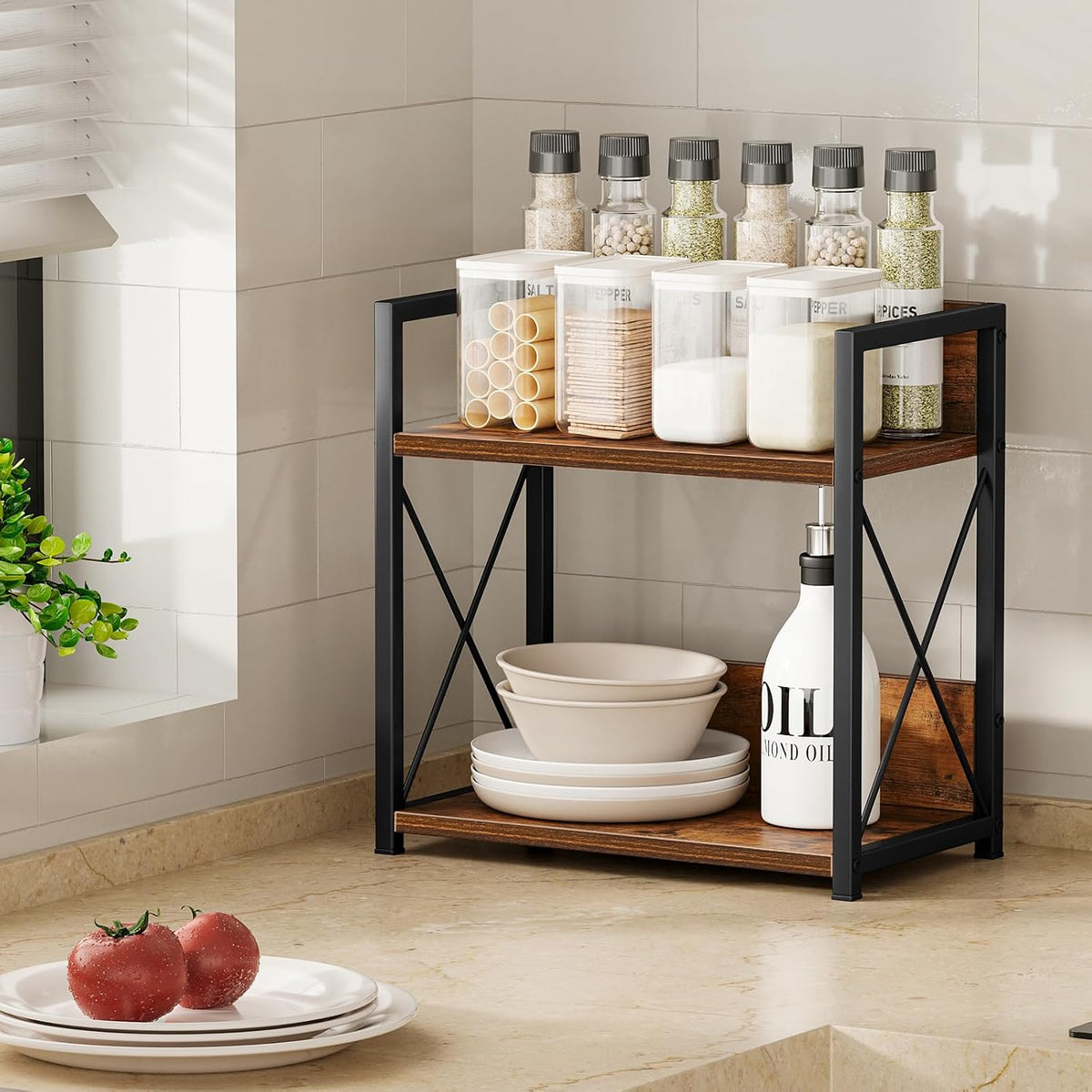 Giikin Kitchen Countertop Organizer, 2 Tier Spice Rack Organizer for Pantry, Kitchen Counter Shelf Wood Coffee Station Organizer (Brown, M) - Field & Nook