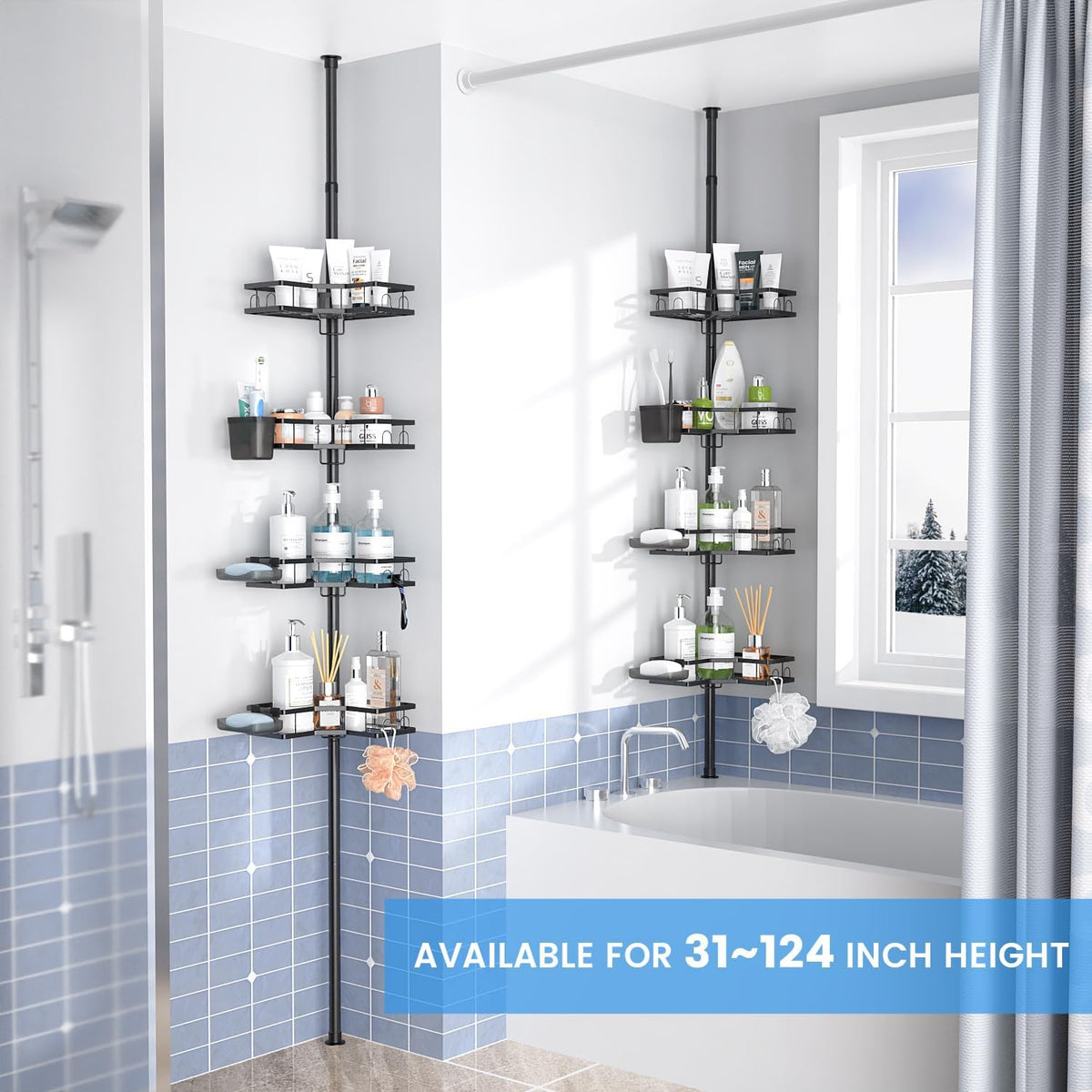 Adjustable Tension-Pole Shower Caddy – 4-Tier Rustproof Organizer