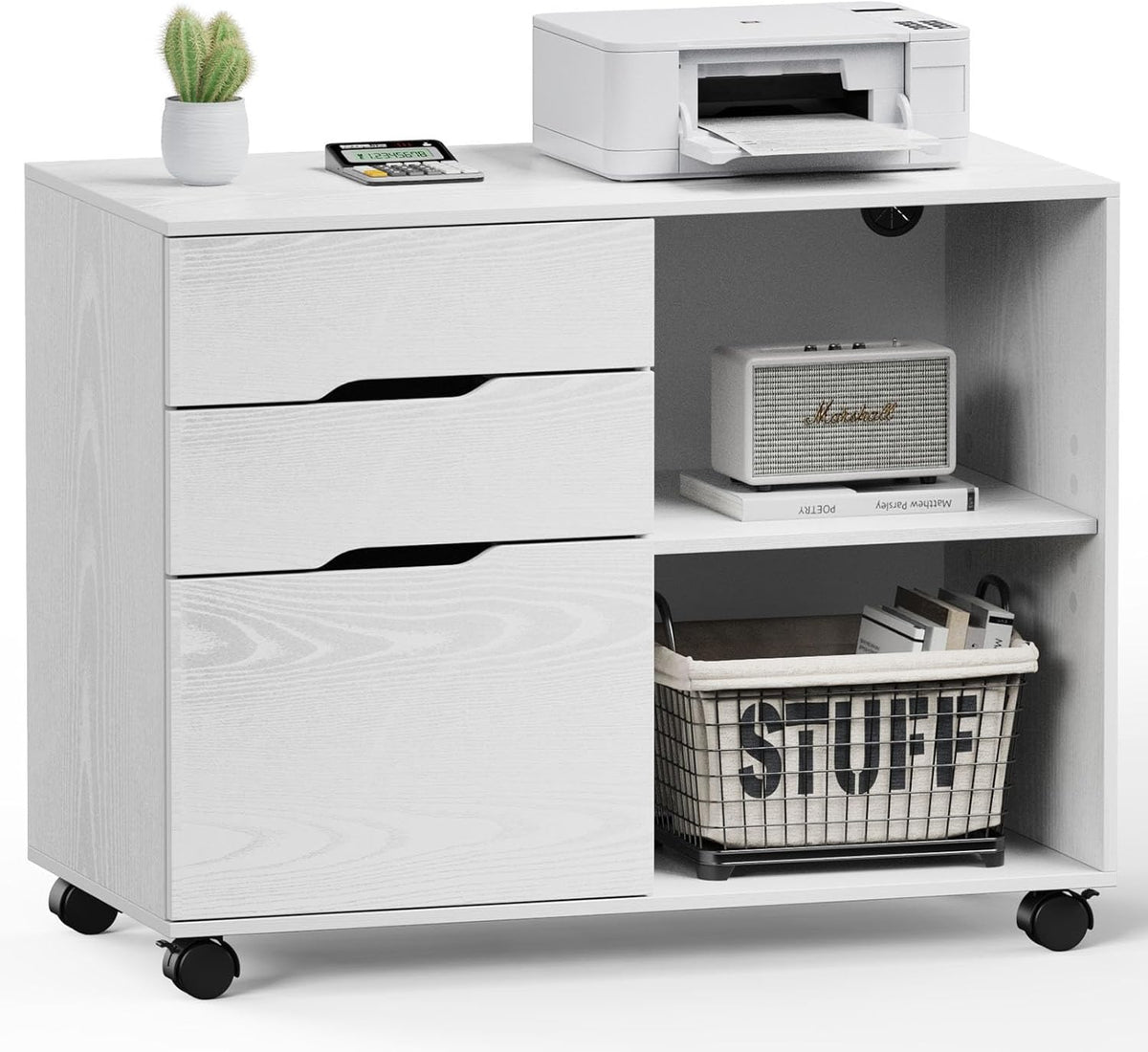 DUMOS File Cabinet with 3 Drawers, Wood Under Desk Storage Printer Stand | Rolling Lateral Filing Cabinet with Adjustable Shelves for Home Office Study Organizatiom, Classic White - Field & Nook