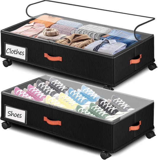 Under Bed Storage with Wheels 2-Pack, Under Bed Storage Containers 66L Clear Lids, Rolling Storage Drawers for Clothes Shoes Blankets, Underbed Organizer Bins(30" L x 16.2" W x 7.5" H) - Field & Nook