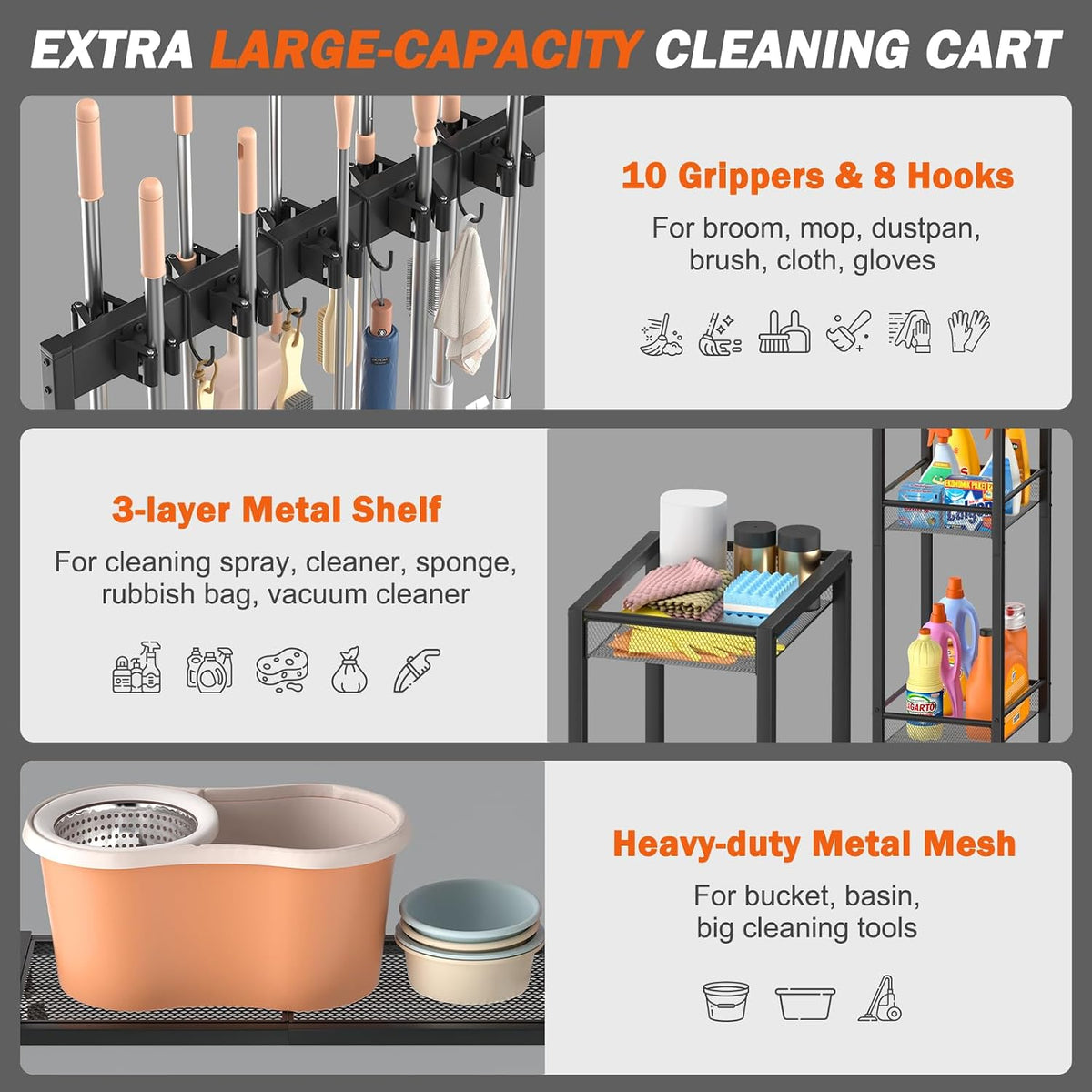 Broom Holder with Cleaning Supplies Organizer – Janitorial Housekeeping cart - Field & Nook