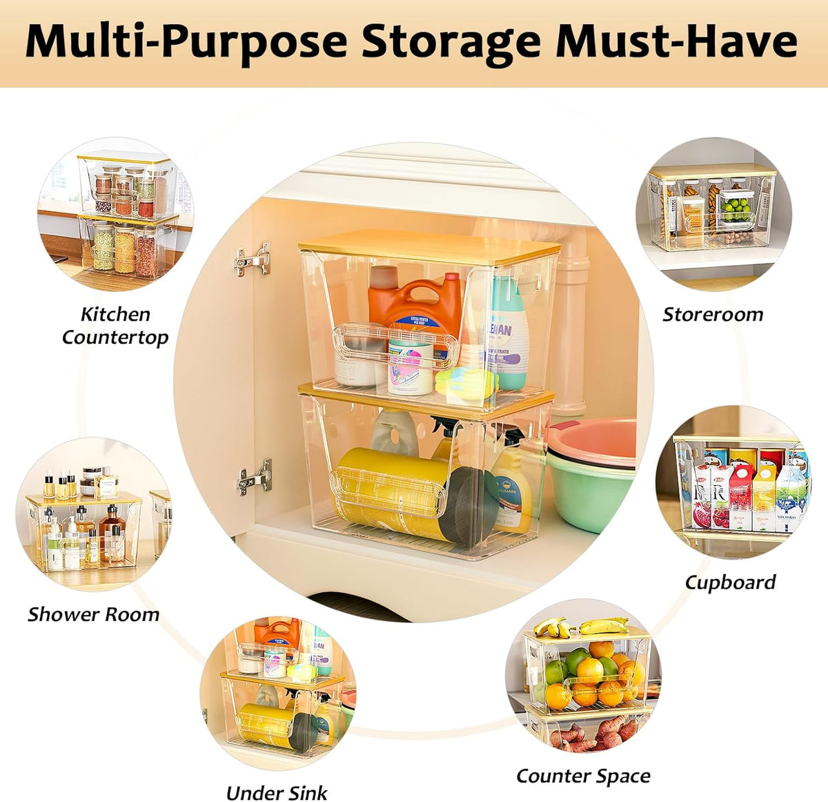 Delamu 2 Set Pantry Organizers and Storage, Trash Bag Holder Under Sink Organizer for 4-13 Gal Bags, Trash Bag Dispenser with Bamboo Top for Onion, Potato, Garlic, Clear (11-7/32"L*7" W*7-1/8"H) - Field & Nook