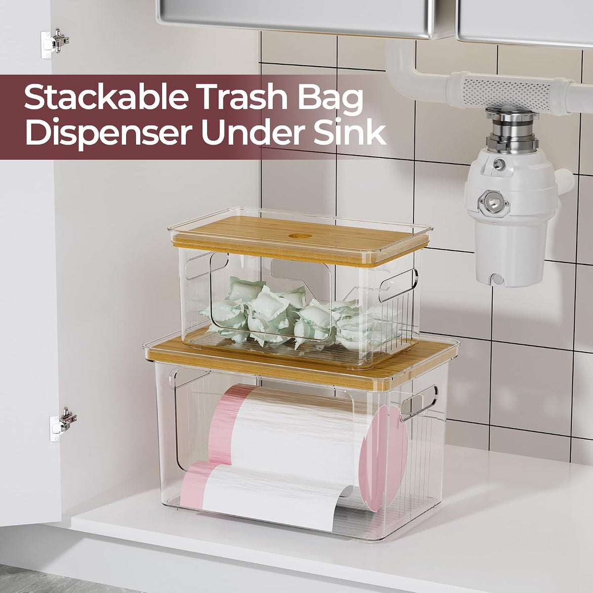 Delamu 2 Pack (XL+S) Trash Bag Dispenser, Stackable Garbage Bag Holder | Clear Acrylic Organizer Bins for Under Sink Organization, Pantry Storage, Cabinet, Kitchen, Laundry, Bathroom - Field & Nook