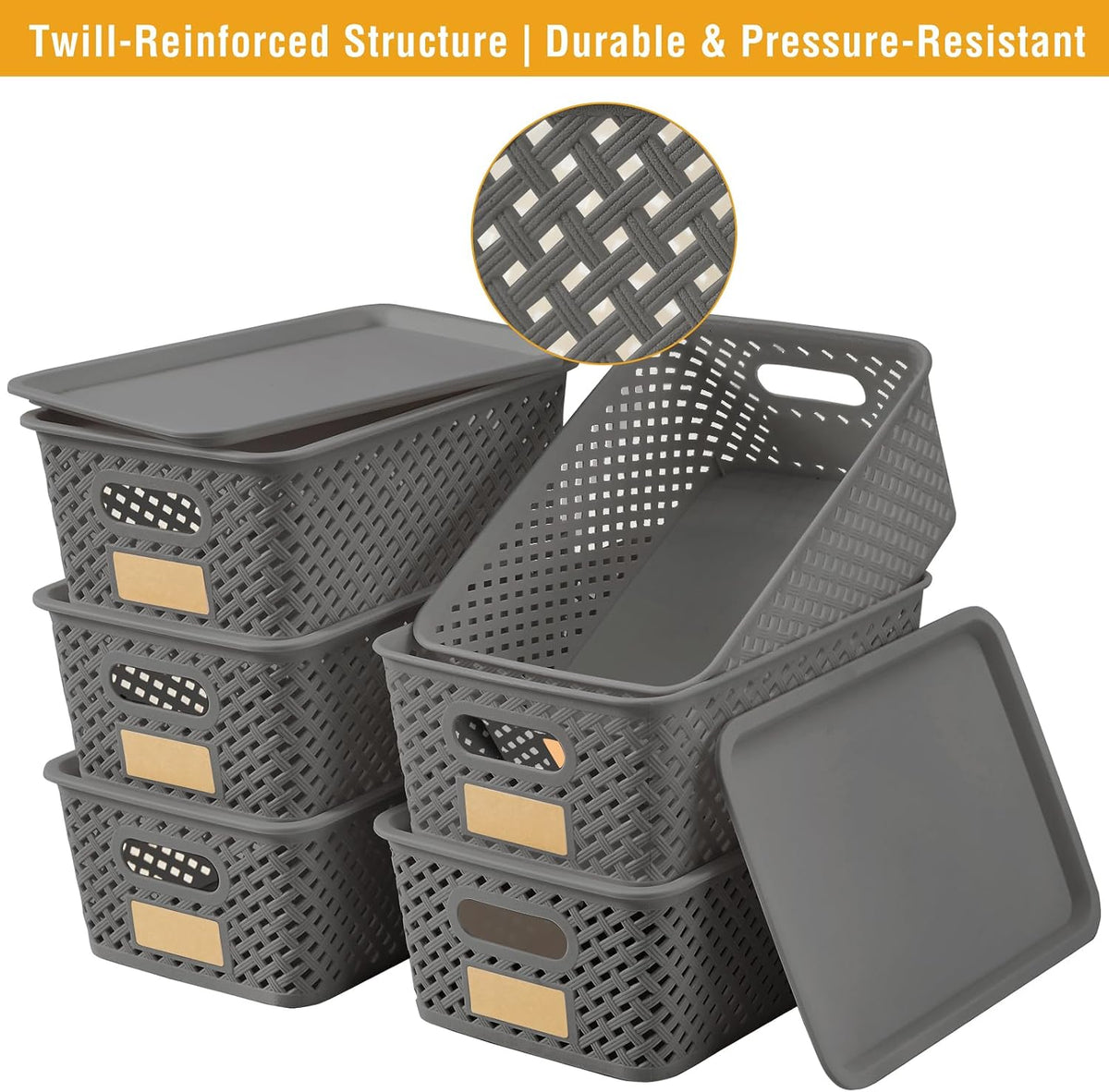 Small Plastic Twill Woven Storage Baskets with Lids, Stackable Organizing Containers with Labels for Pantry Closet Office, 6-Pack,10.35"x7.3"x4.09", Gray - Field & Nook