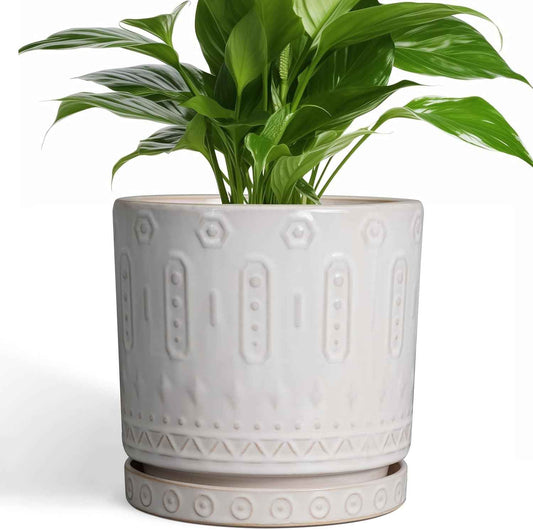 Ceramic Planter for Indoor Plants - 8 Inch Plant Pot Outdoor Flower Pot with Drainage Holes and Saucer Modern Round Planter Succulent Pot for Home Garden Decor White