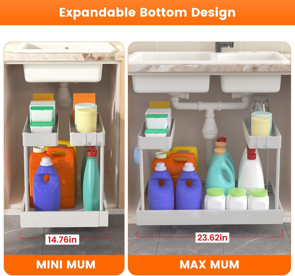 Expandable Under Sink Organizers and Storage,Width Adjustable (14.9-23.6IN),No Drill 2-Tier Pull Out Under Cabinet Organizer for Kitchen Bathroom Laundry White - Field & Nook