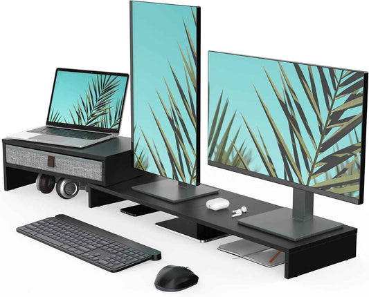 Fenge Triple Monitor Stand with Srorage Drawer, Adjustable Length and Angle | Computer Monitor Riser for 2 or 3 Monitors, Wooden Desktop Laptop Stand, Office Organizer for PC, Screen, Tablet, Black
