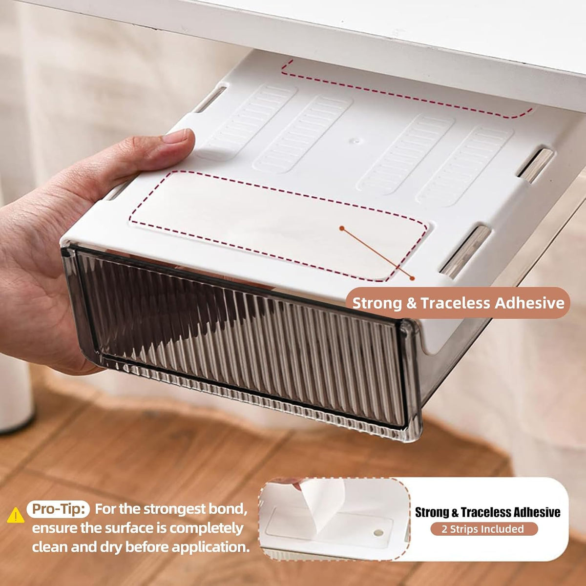 2Pcs Under Desk Storage Drawers Slide Out,Large&Medium, Stick On Desk Drawer Organizer Hidden Under Table Drawer for Home Office School Organization and Storage-Transparent Black - Field & Nook