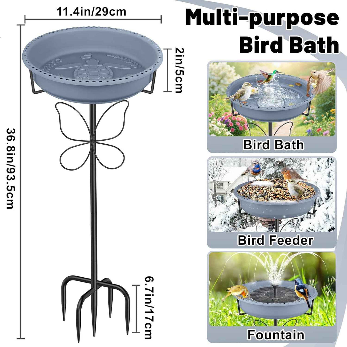 Bird Bath for Outside, Garden Freestanding Birdbath & Birdfeeder with Removable Bowl, Bird Baths Feeder for Outdoors Garden Patio Yard Lawn Decor, 5-Pronged Base & Easy to Clean(Grey)