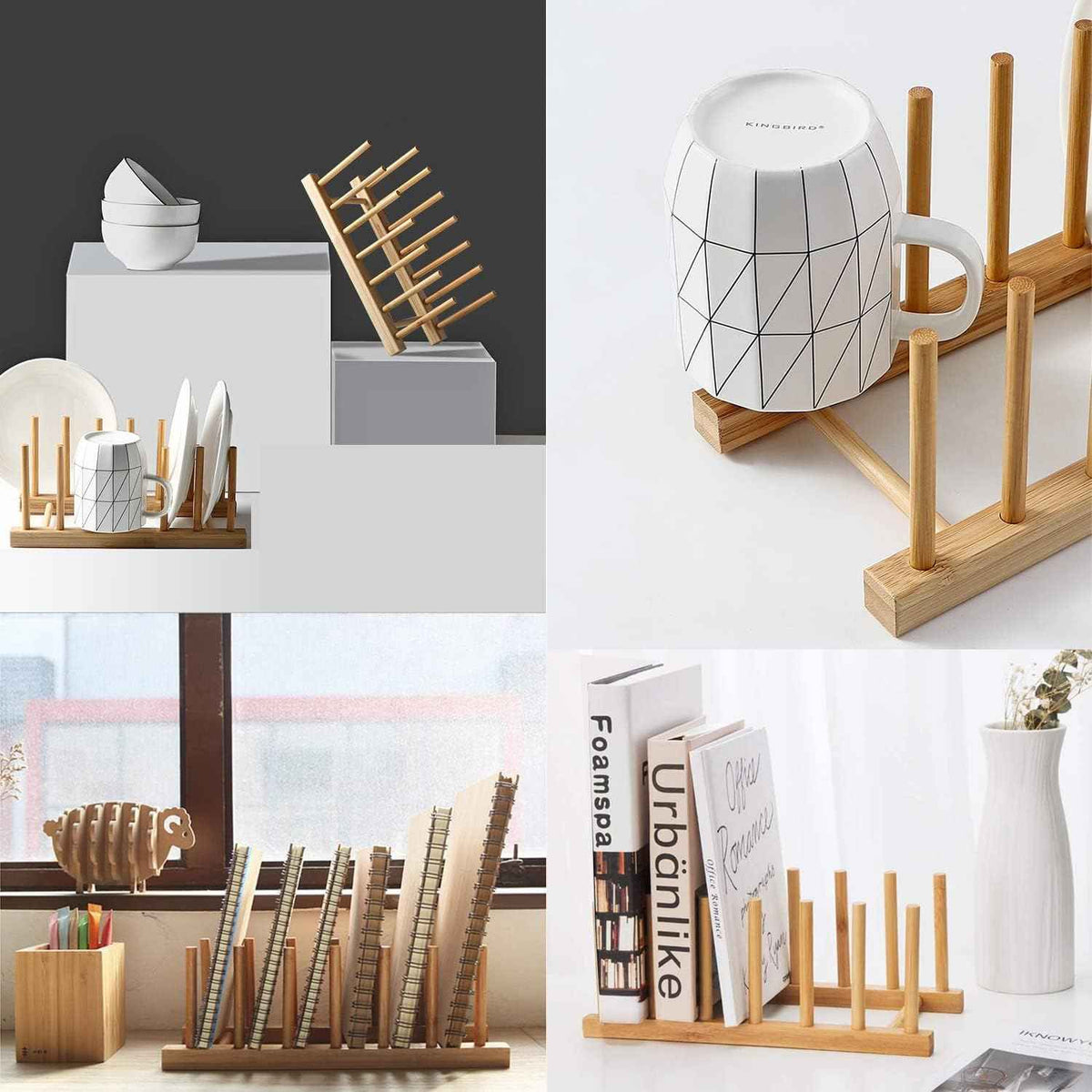 INNERNEED Bamboo Dish Rack, Vertical Plate and Lid Organizer