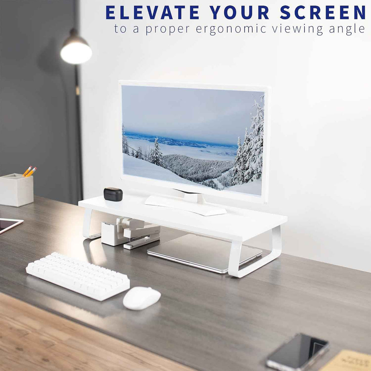 VIVO 24 inch Monitor Stand, Wood & Steel Desktop Riser, Screen, Keyboard, Laptop, Small TV Ergonomic Desk and Tabletop Organizer, White, STAND-V000D-W