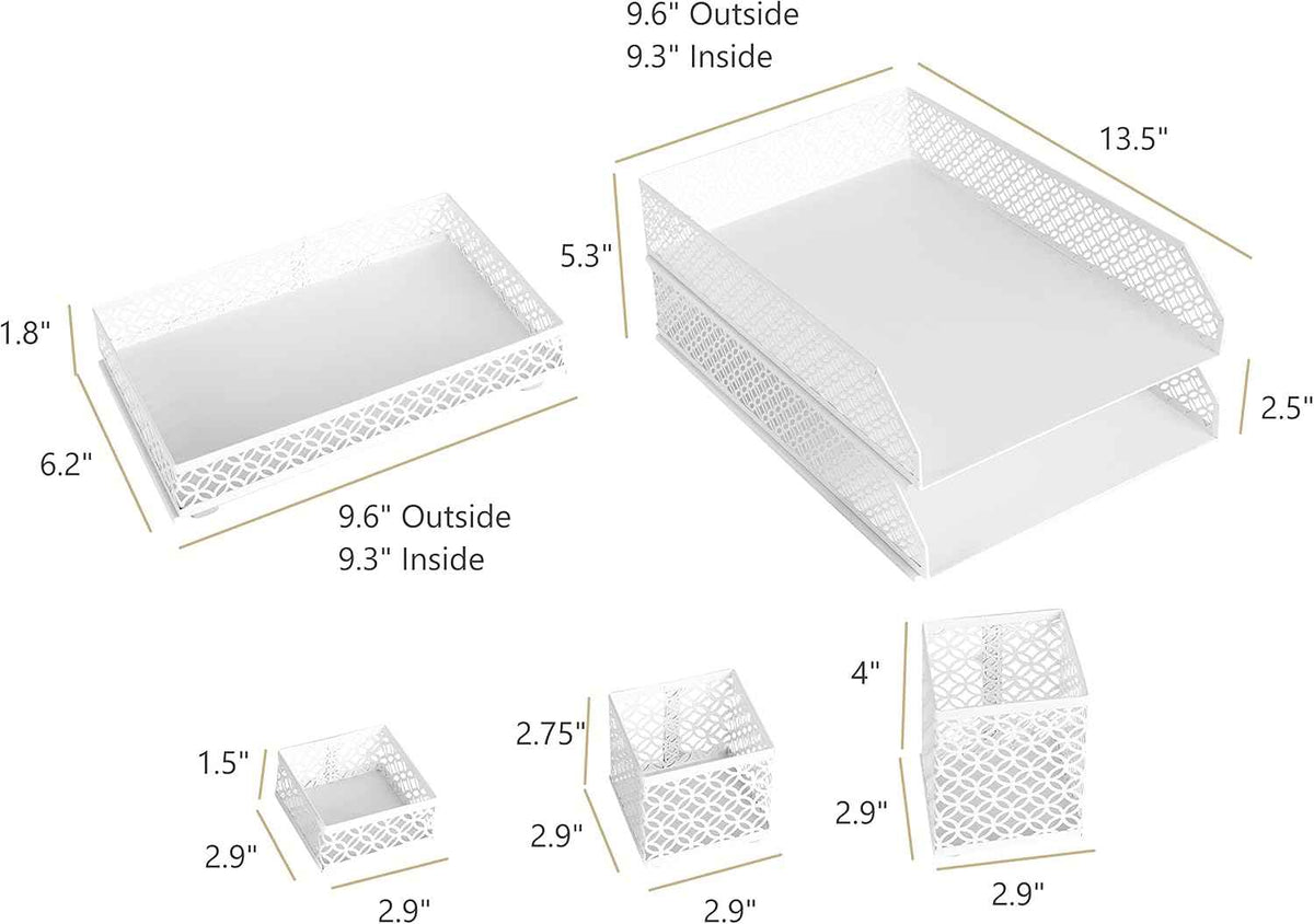BLU MONACO | White Desk Organizer Set | 6 Piece Metal Desk Organizer with Pen Cup, Accessory Trays, and Letter Trays | Desk Organizers and Accessories for Office