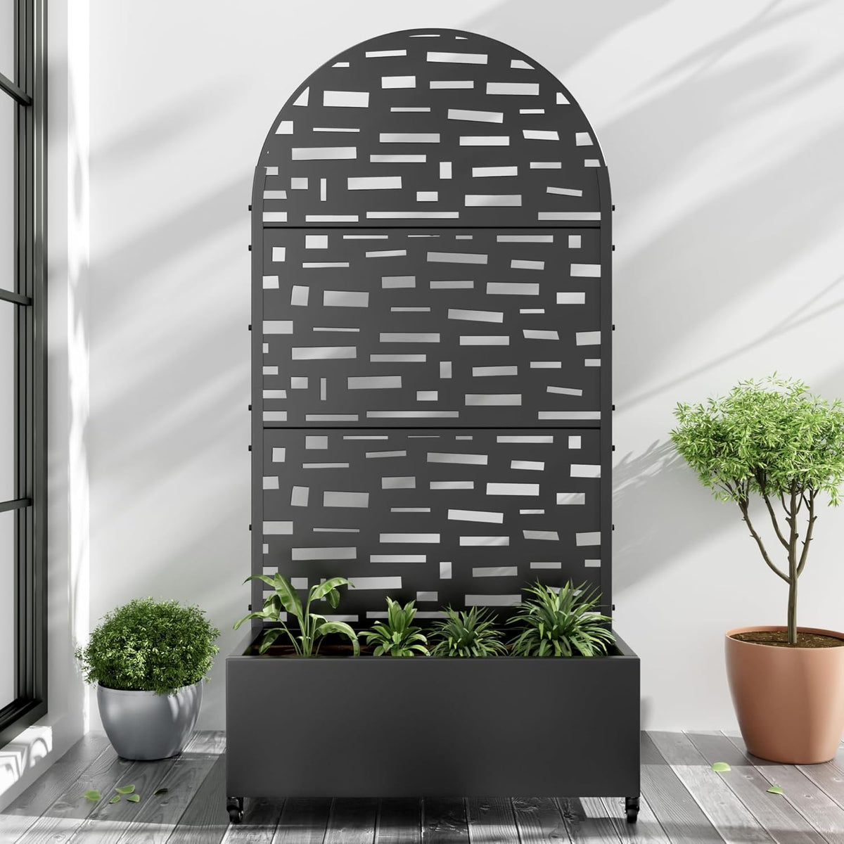 Casaphoria Metal Raised Garden Bed with Trellis and Wheels, 72"x35"x16" Arched Planter Box for Climbing Plants, Vegetables & Vines, Features Drainage Holes and Privacy Screen (Black-Gerald)