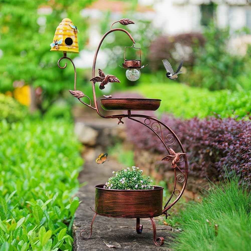 DREAMSOUL Solar Bird Bath with Bird House, 3 in 1 Bird Bath for Outside with Flower Planter, Metal Birdbath with Solar Light for Garden Yard Decor