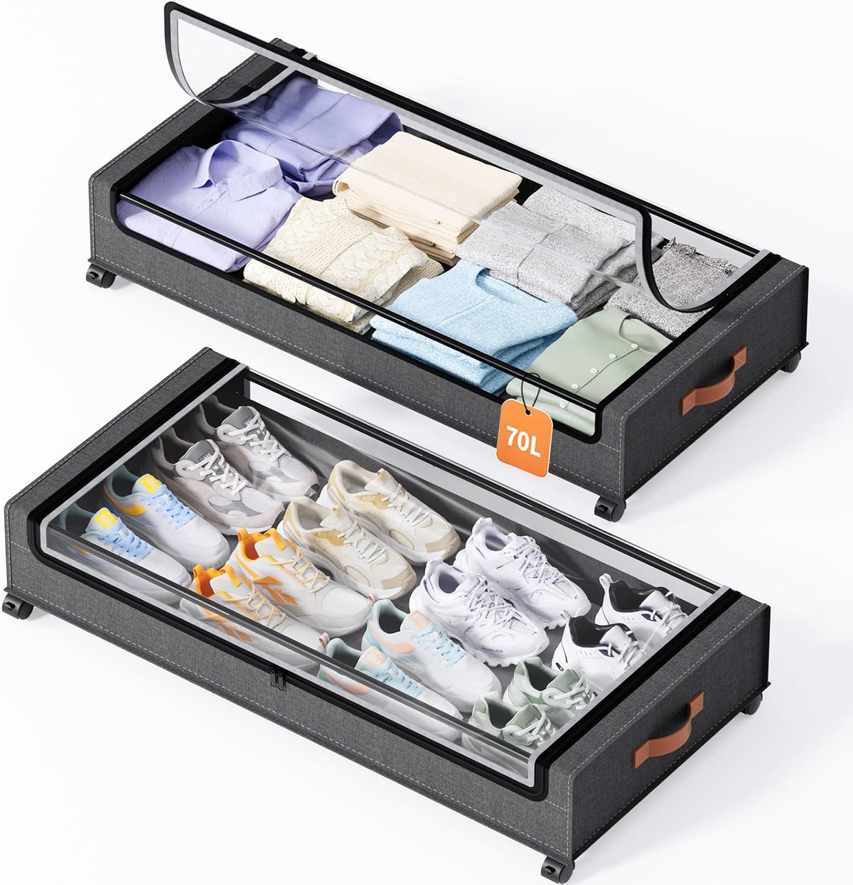 Yecaye 70L Under Bed Storage with Wheels, 2Pack Larger Capacity Under Bed Storage Containers, Underbed Shoe Storage Organizer, Rolling Under Bed Metal Drawers for Clothes, Blankets(35.5 x 17 x 6.7in) - Field & Nook