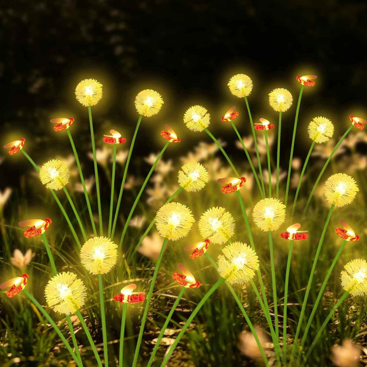 Solar Garden Lights Outdoor 6 Pack 48 LED Swaying Dandelion Bee Lights | 2 Modes (Steady on, Slow Twinkle),Cute Flower Pathway Lights for Yard Lawn Patio Party Garden Wedding Pathway Decorations