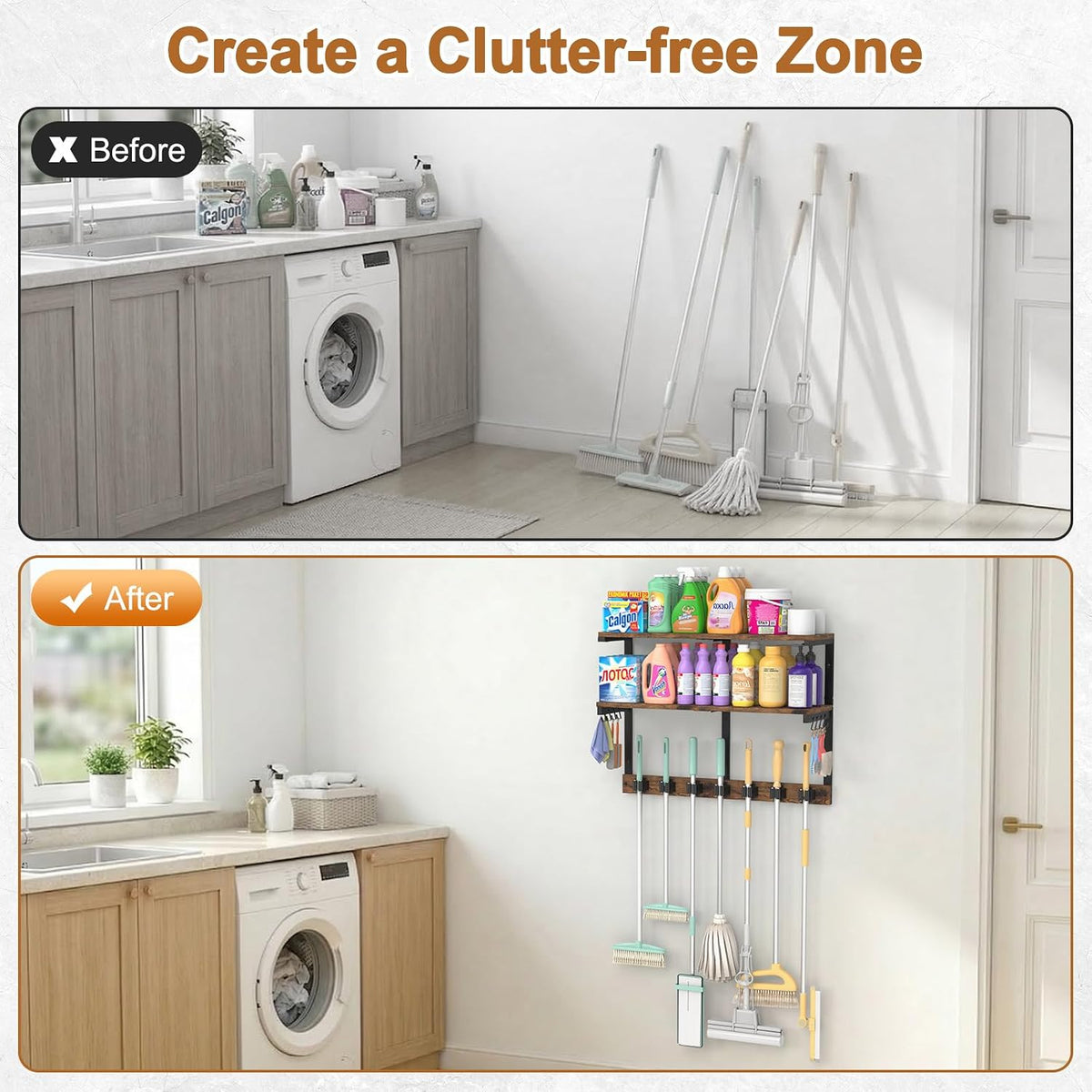 2-Tier Wall-Mount Broom & Cleaning Tool Organizer - Field & Nook