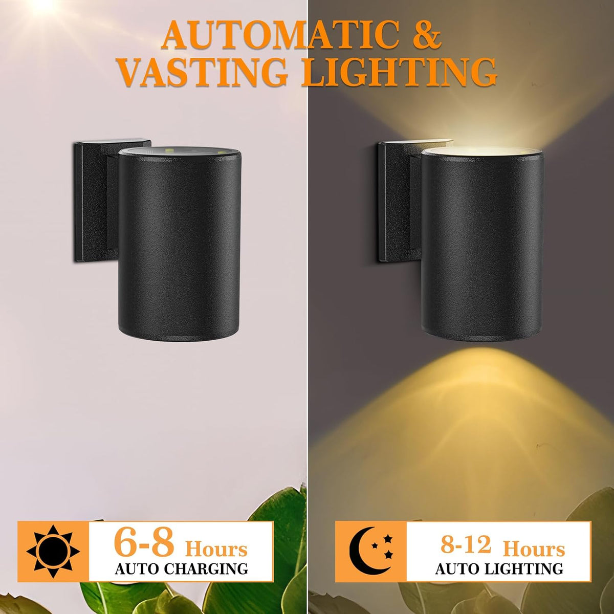 Solar Wall Lights Outdoor, 2 Pack Modern Sconce Lights with Up & Down Warm White Glow, Solar Powered Exterior Lighting, IP65 Waterproof for Patio, Yard, Porch, Garage, Fence, Railing