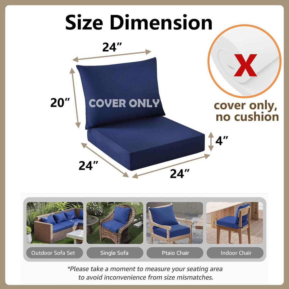 Outdoor Seat Cushion Cover Set of 4, 24 x 24 x 4 Inch, Navy | Patio Cushion Covers Replacement Waterproof Backrest and Deep Seat Cushion Covers Set for Patio Furniture