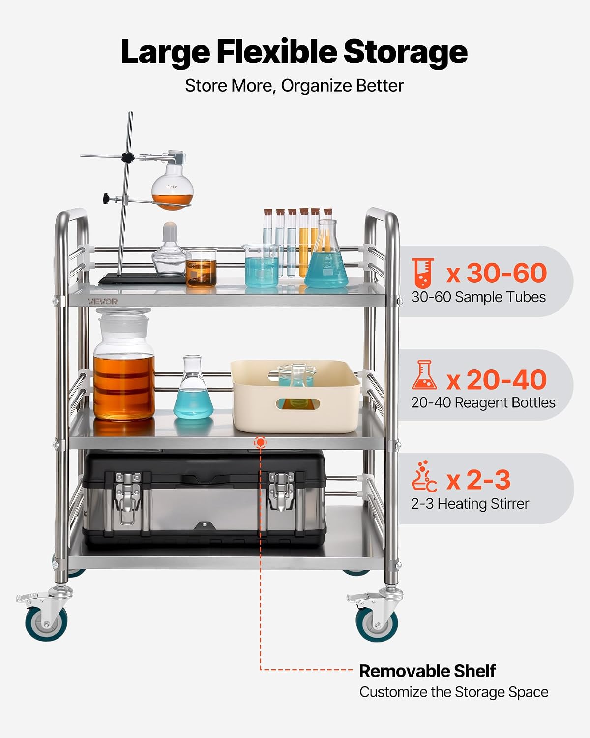 VEVOR Stainless Steel Rolling Cart, 3-Tier Metal Utility Cart with Lockable Wheels, Medical Serving Trolley Clinic Tray, Mobile Service Cart for Hospital, Lab, Restaurant, Kitchen, Salon - Field & Nook