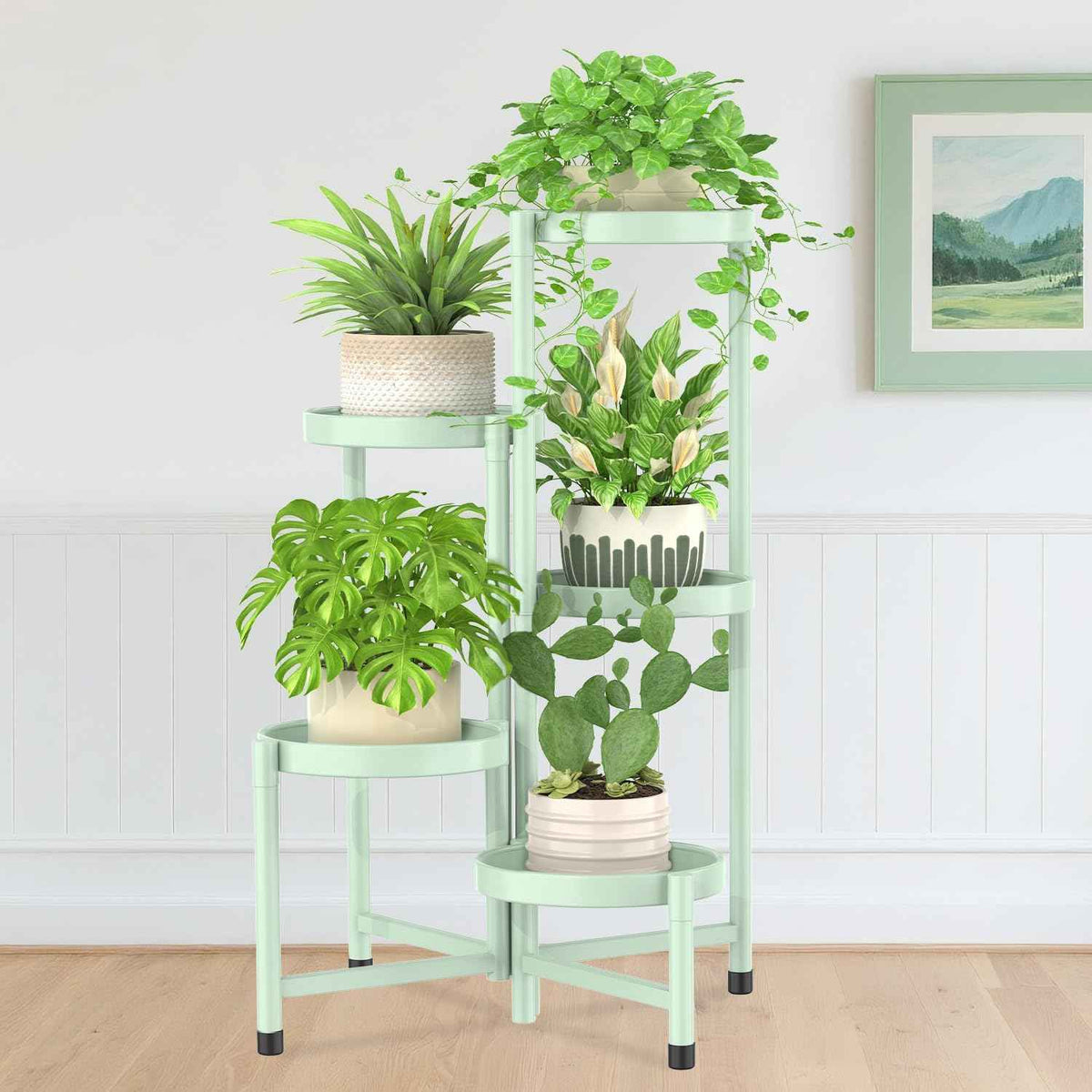 iDavosic.ly Plant Stand Indoor Outdoor, 5 Tier Corner Metal Flower Display Holder Shelf, Folding Tall Orchid Rack for Patio Balcony Porch Garden Living Room House, Light Green