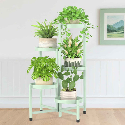 iDavosic.ly Plant Stand Indoor Outdoor, 5 Tier Corner Metal Flower Display Holder Shelf, Folding Tall Orchid Rack for Patio Balcony Porch Garden Living Room House, Light Green