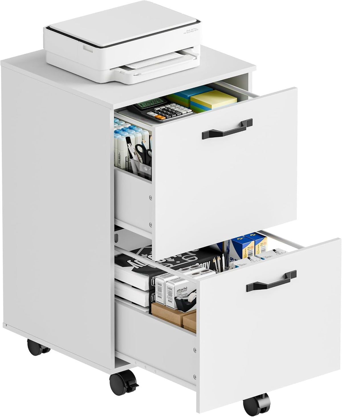 DUMOS 2 Drawer Filing Cabinet, Rolling Under Desk Storage, White | Not for Hanging Files, Printer Stand, Lockable Wheels, Mobile Wood Home Office Organizer - Field & Nook