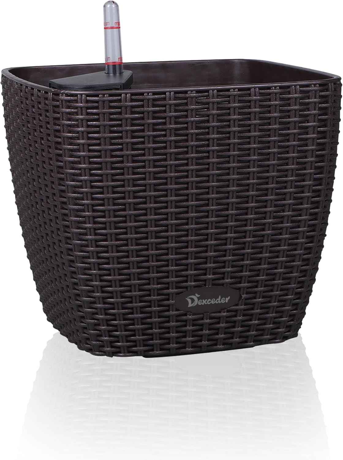 Dexceder 11x10 Self Watering Planter Indoor Outdoor, Inner Mat Design, Thickened Table Flower Plant Pot with Water Level Indicator (Brown Rattan)