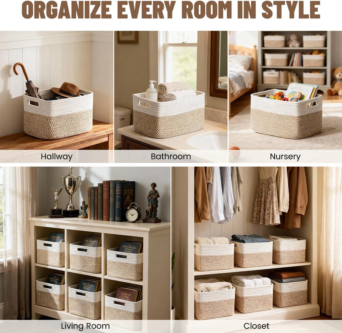 5 Pack Woven Storage Baskets, Decorative Storage Bins for Organizing | 13.8'' × 9.8'' × 7.9'', Cotton Rope Basket Organizer for Closet, Shelves, bathroom, Nursery, Toys, Books, Pantry, Khaki/White - Field & Nook