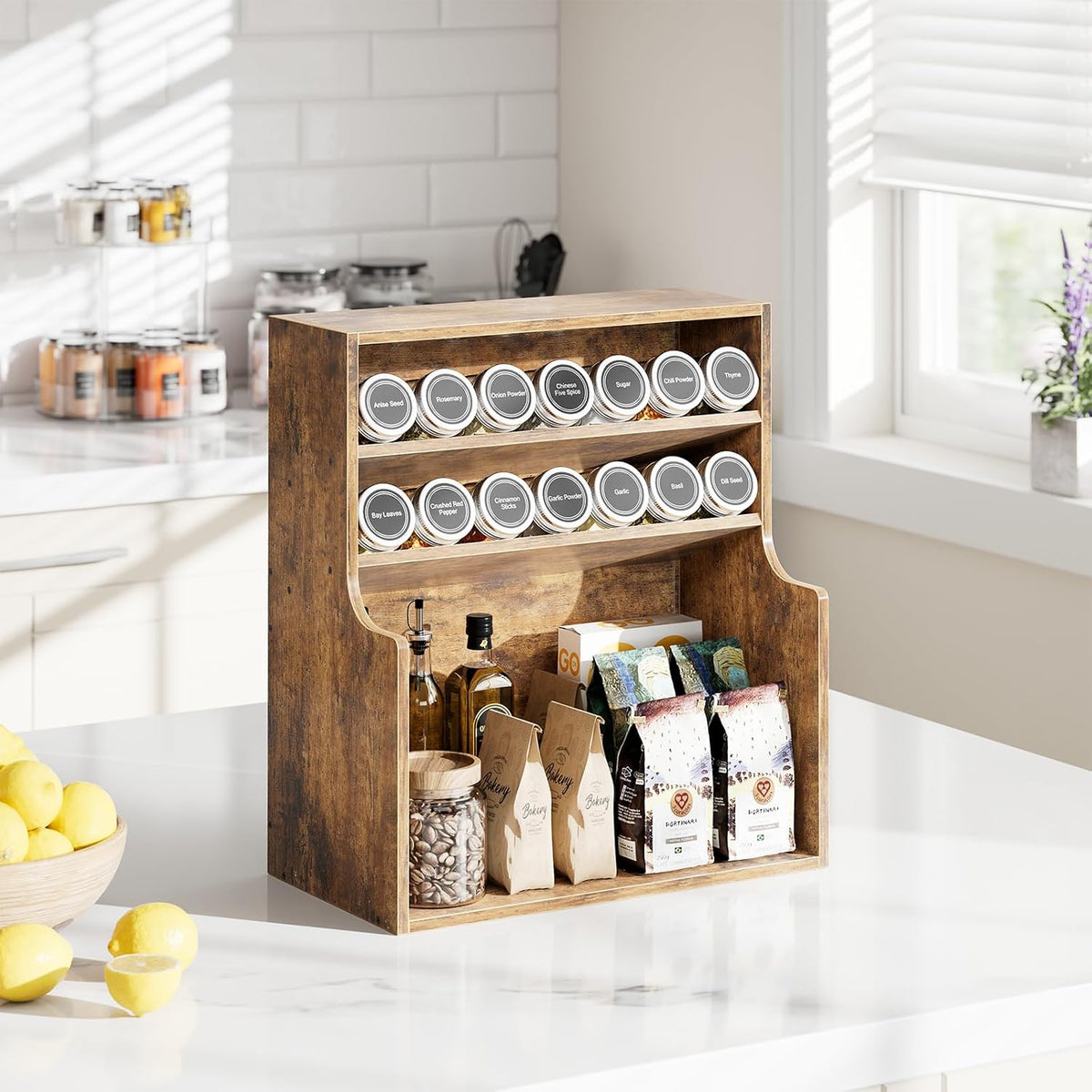 Simple Trending Spice Rack Organizer, 3 Tire Wood Kitchen Counter Spice Rack, Large Counter Seasoning Organizer Storage Shelf for Pantry, Kitchen, 7” W × 14.3” H, Brown - Field & Nook