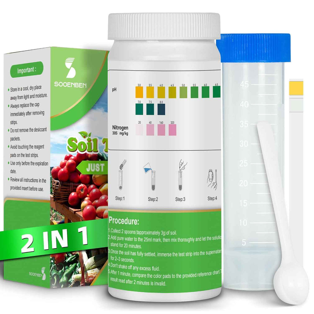 2-in-1 pH & Nitrogen Soil Test Kit, Home Soil Testing Kit for Lawns Gardening Grass Vegetables Nutrients, Soil pH Nitrogen Tester Strips Separately Sealed in Foils, Easy to Use, Rapid Results