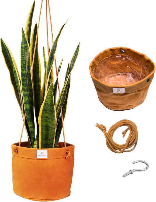 Large Waxed Canvas Handmade Hanging Planter for Indoor/Outdoor Plants, Hanging Basket Plant Holder Dijon Yellow with Hook