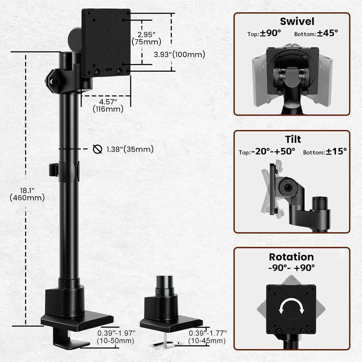 24-57'' Ultrawide Monitor Desk Mount, Aluminum Heavy Duty Monitor Arm | Low Profile, Topside Clamp/Grommet Mounting, Tilt, Swivel, Rotate, Holds up to 59.4lbs, VESA 75x75/100x100 mm, Black