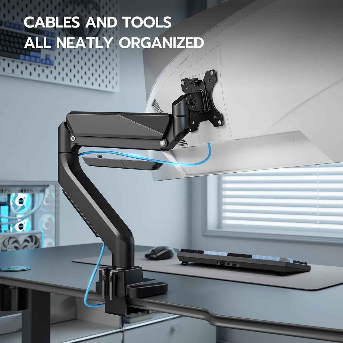 Heavy Duty Single Monitor Mount for 13"-49" Curved Screens, Black | ﻿ Gas Spring Desk Mount Stand with C Clamp/Grommet Mounting Base up to 40lbs