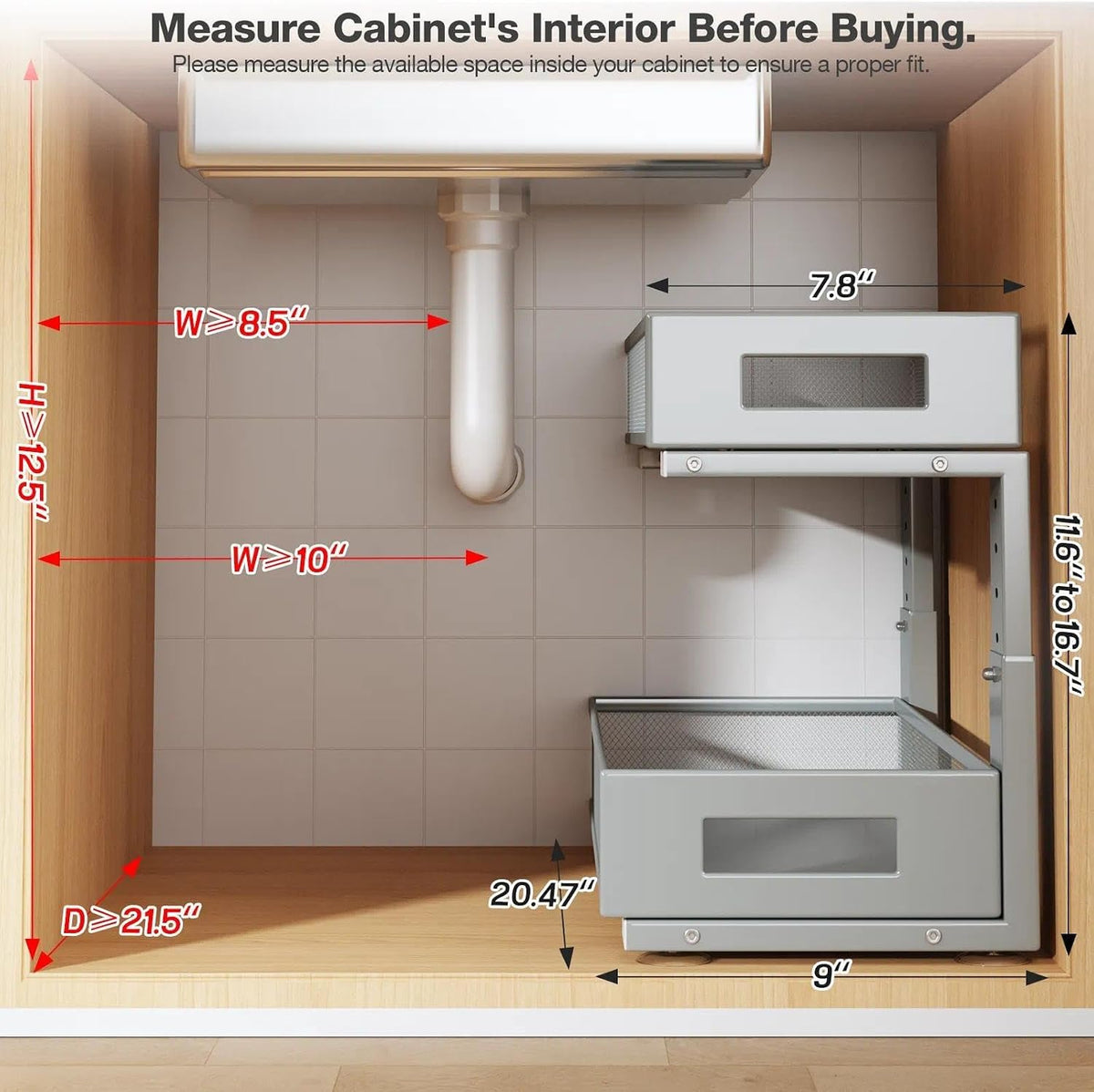2 Packs 21IN Depth Under Sink Organizer, 2-Tier Pull Out Cabinet Organizer With Smooth Circular Rail, Large Capacity Metal Mesh Sliding Drawers For Bathroom& Kitchen Storage,Height Adjustable-Gun Gray - Field & Nook