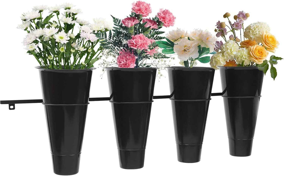 Wall Mounted Plant Holder with 4 Buckets,Metal Flower Pot Wall Hanging Shelf Black Indoor Outdoor Decorative Floating Shelves Planter Hanger Racks for Wall Bedroom Living Room Porch