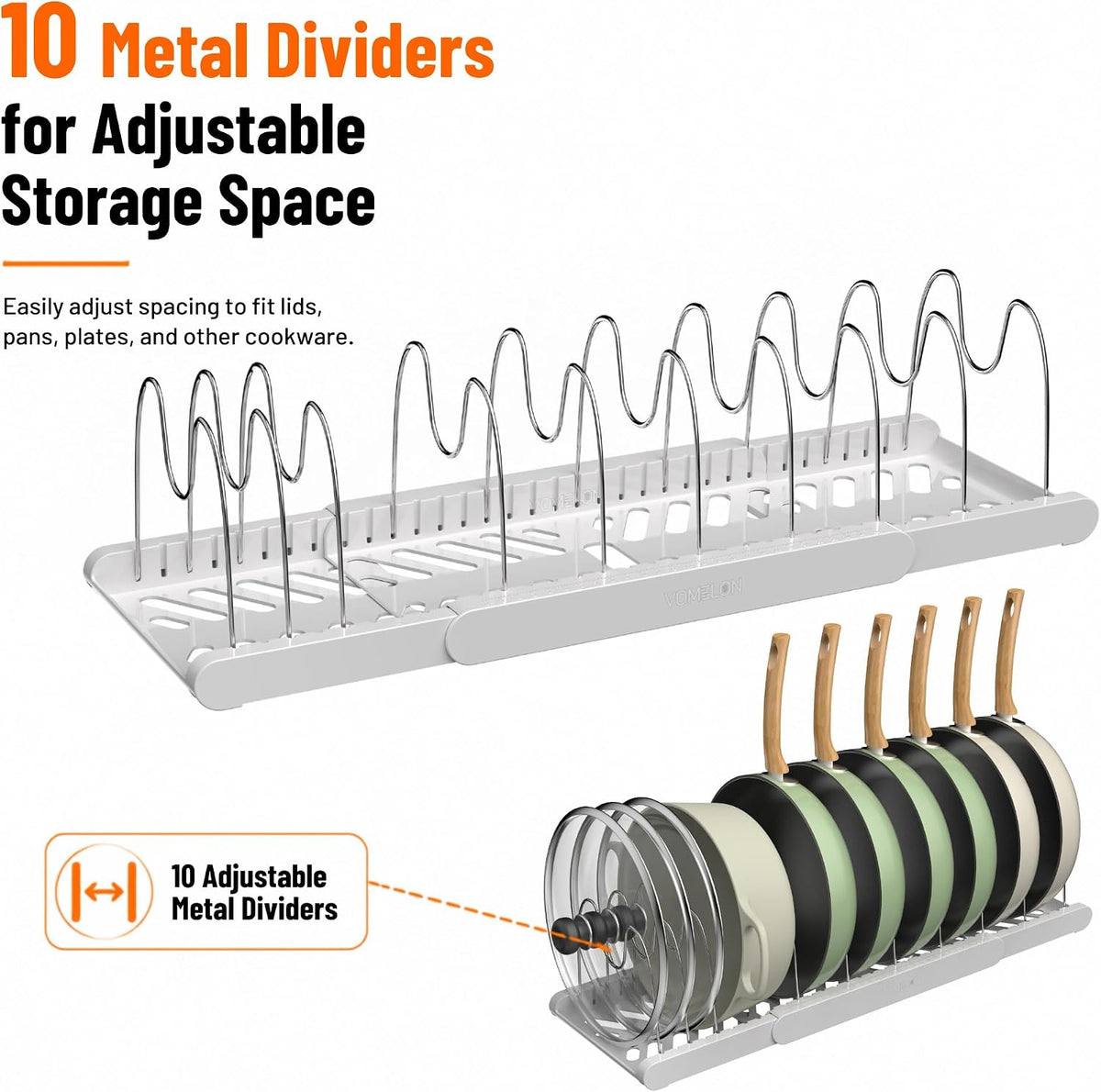 Expandable Pots and Pans Organizer, 9 Adjustable Slots, White