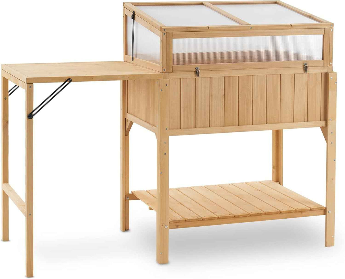 Macrout Cold Frame Greenhouse with Foldable Potting Table, Raised Garden Bed Planter Box with Legs and Wooden Greenhouse with Shelf for Vegetables, Herb and Flowers Use, 0399