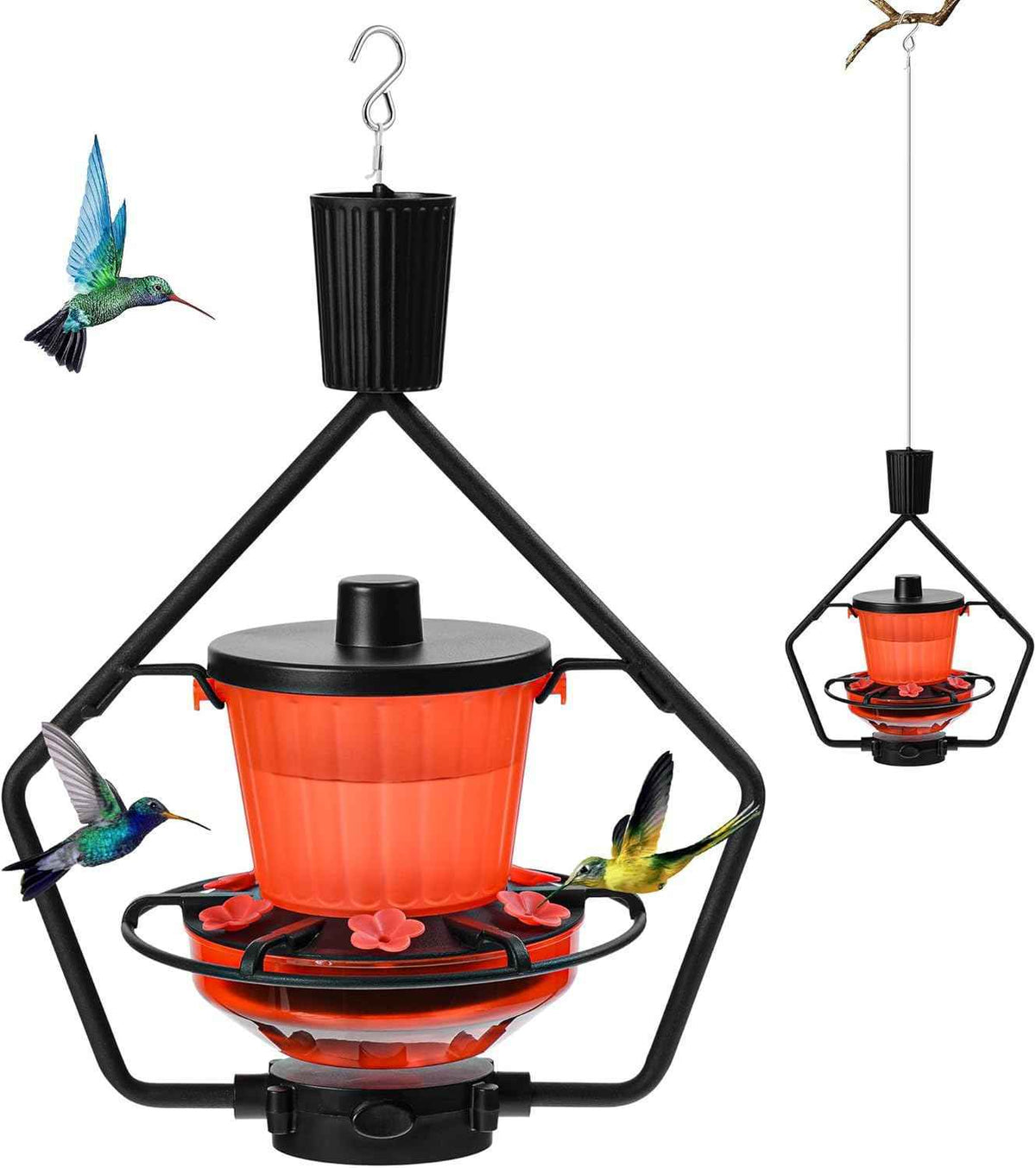 Retractable Hummingbird Feeder – 6 Feeding Ports, Leak-Proof, Ant & Bee Proof, Easy Top-Fill & Easy to Clean, Durable ASA Plastic, 18.5 oz Capacity, Adjustable Hanging System with 44" Extension(Black)