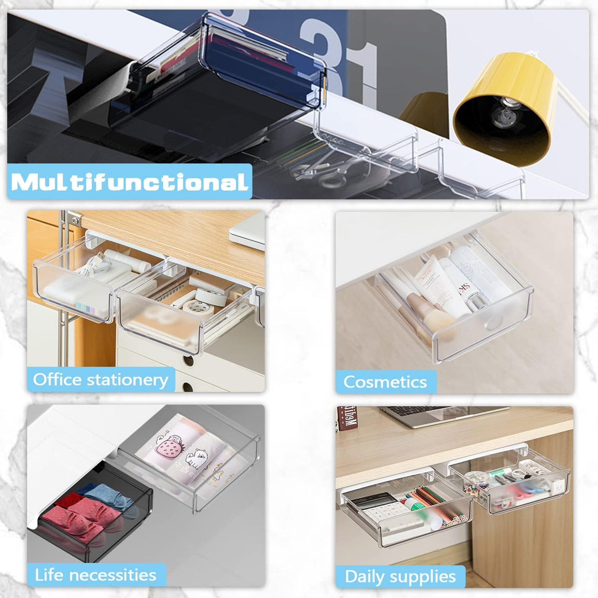 OSPNIEEK Self-adhesive Under Desk Drawer Organizer, 2 Pack Table Hidden Slide Out Large Storage Mounted Desktop Pencil Holder Tray Drawers for Office Home School Stationery Kitchen (Large, White) - Field & Nook