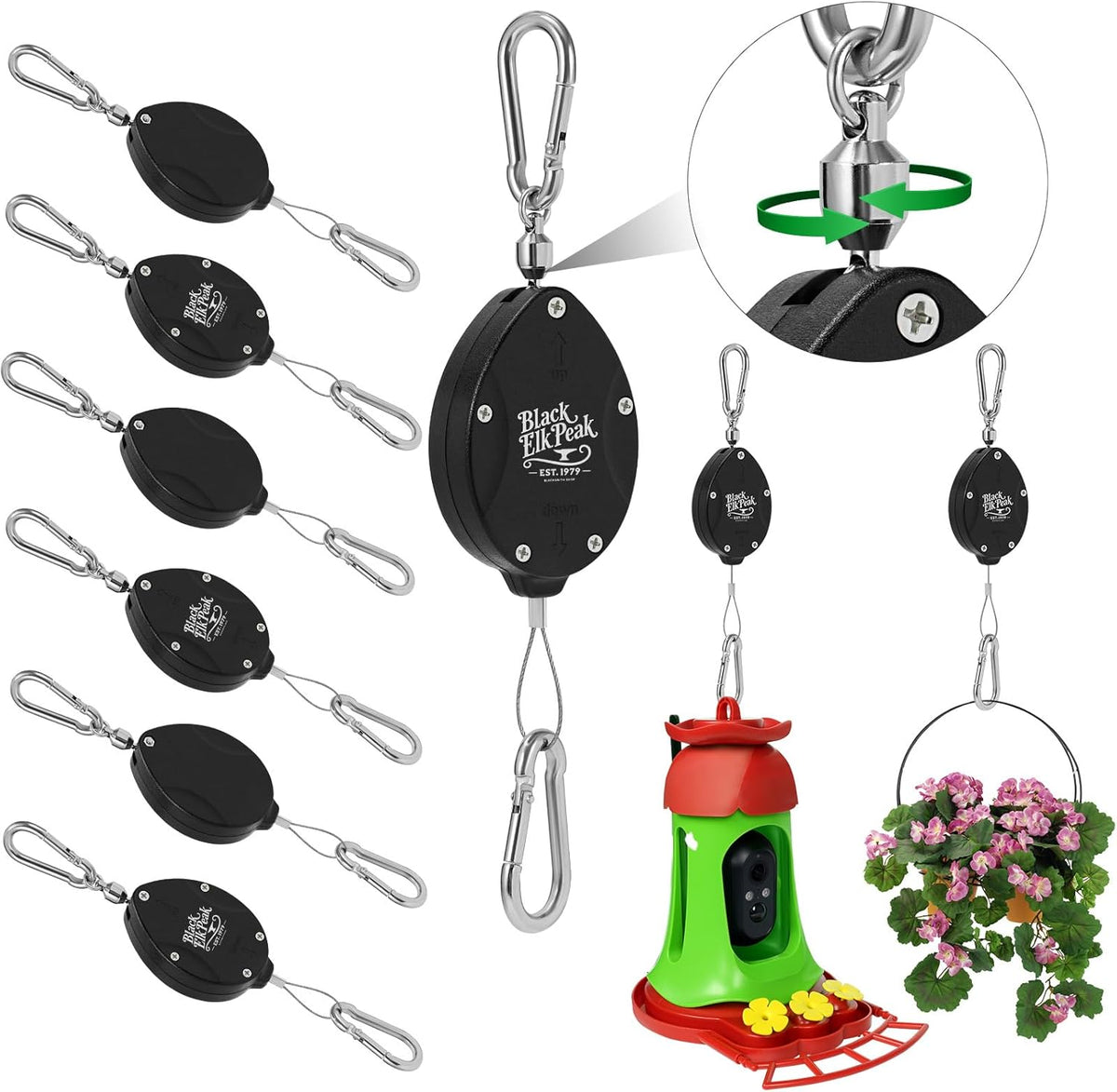 Plant Pulleys for Hanging Plants, Heavy Duty Retractable Hangers, 304 Stainless Steel Rope, Auto Plant Holder, Adjustable Climbing Hook for Garden Baskets Watering, or Bird Feeders (Black-6)