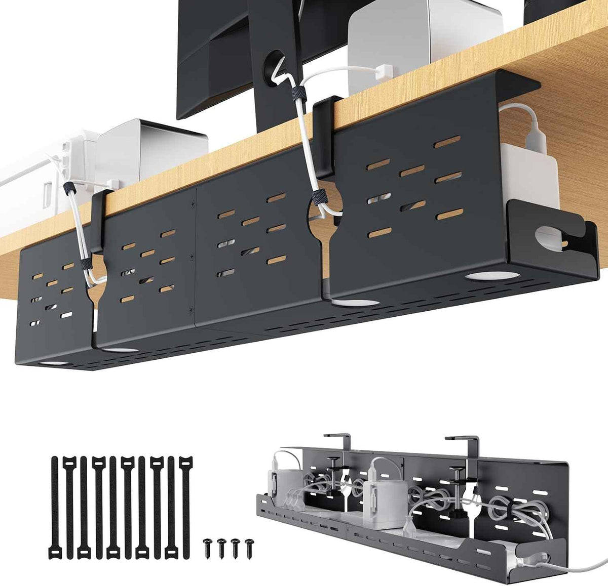 32-Inch Under-Desk Cable Tray – Dual-Mount Steel Cord and Power-Strip Organizer, Black