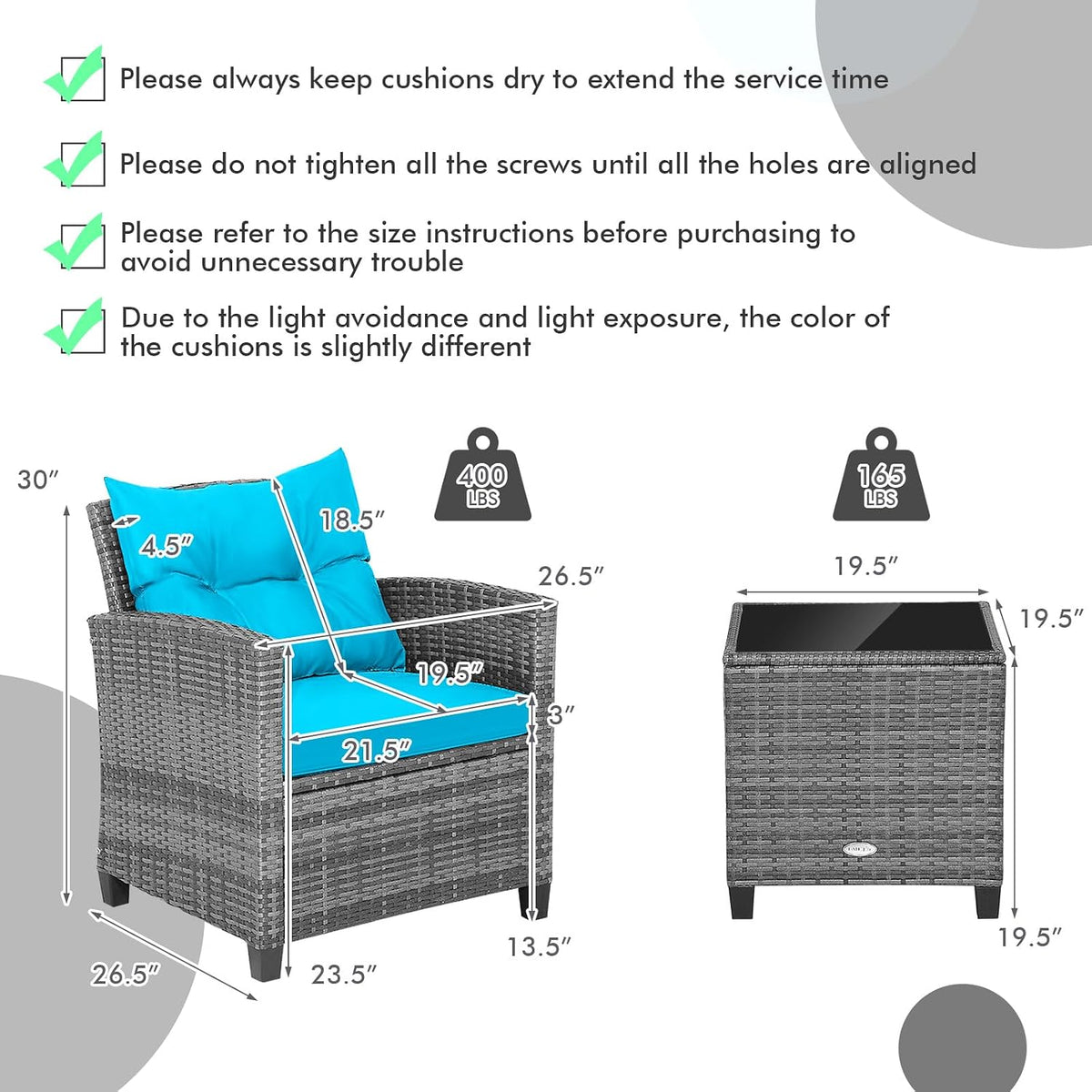Tangkula 3 Pieces Patio Furniture Set, Outdoor PE Rattan Conversation