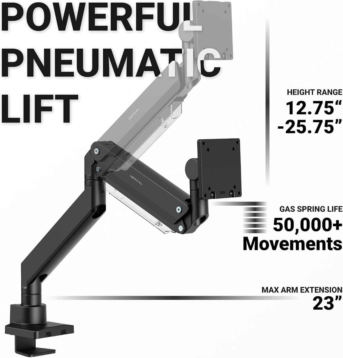 Hexcal Heavy Duty Monitor Arm for 57" Ultrawide Screens, Support up to 59.4 lbs, Full Motion Desk Mount with Quick Release VESA (75/100/200mm), C-Clamp & Grommet Base, Space-Saving Design