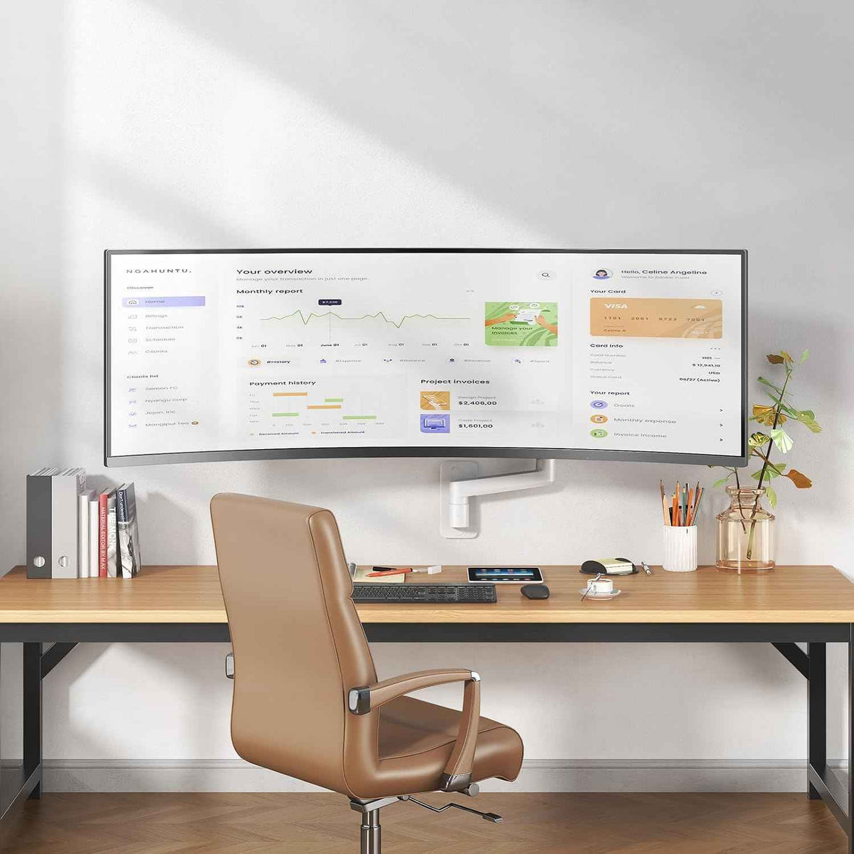 PUTORSEN Ultrawide Monitor Wall Mount - Heavy Duty Monitor Arm for Screen up to 57 inches and 44 lbs with Gas Spring, Full Motion Adjustable, Max VESA 200x200
